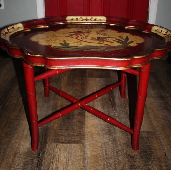 19th Century Scalloped Paper Mache Hand Painted Tray Bamboo Tea Table - Picture 2 of 16